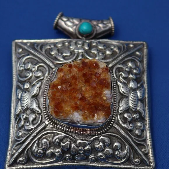 Vintage Nepalese Citrine Druzy and Turquoise Pendant Necklace